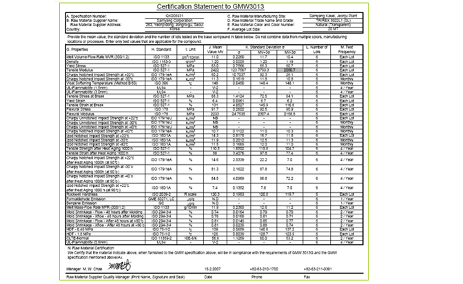 环塑集团GMW (General Motors Worldwide)认证书内容